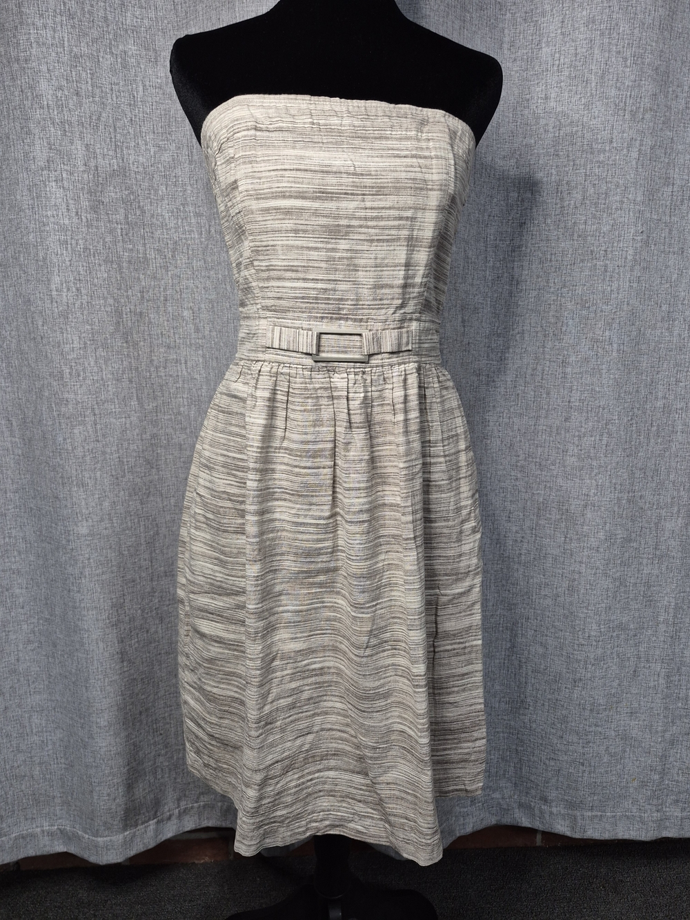 Banana Republic Strapless Linen Blend Dress Belted Neutral Stripe Size 4